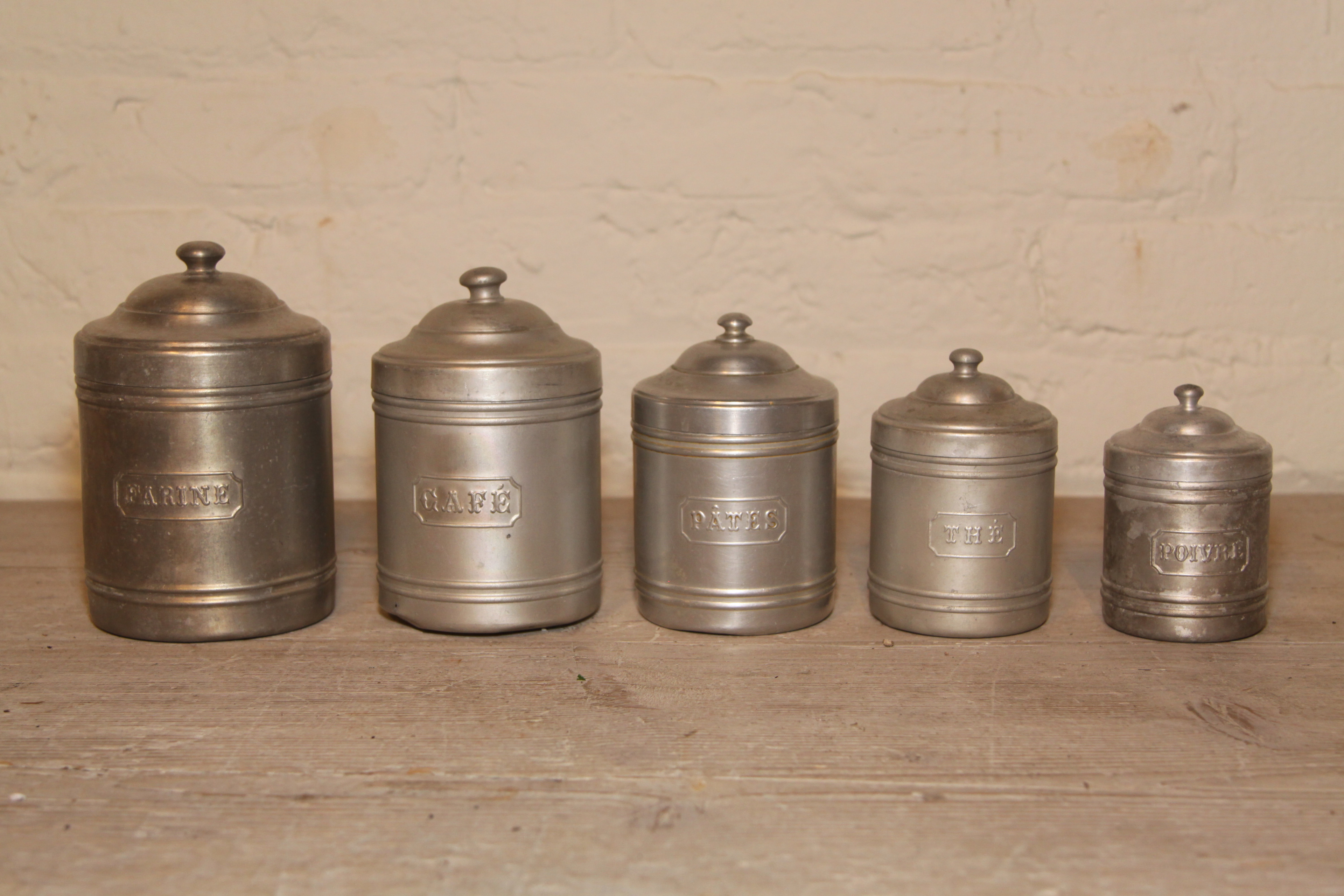 Mid 20th Century French Aluminum Kitchen Nesting Canisters Set Of 5
